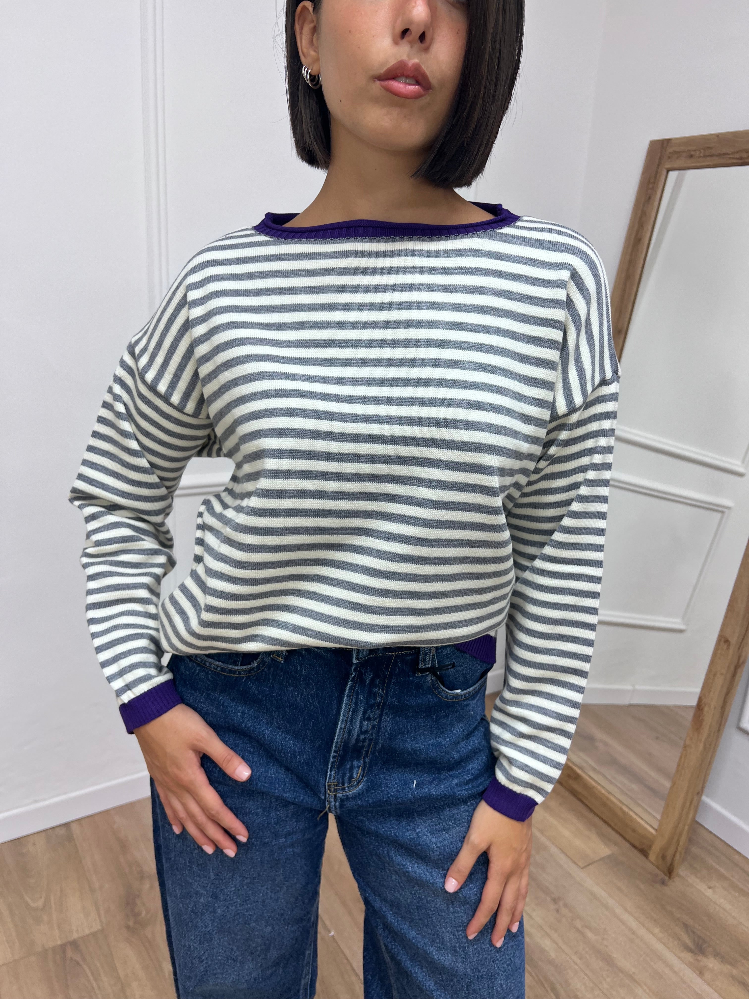 MAGLIA RIGATA SCATOLETTA COLLO CONTRASTO GRIGIO SUSY MIX