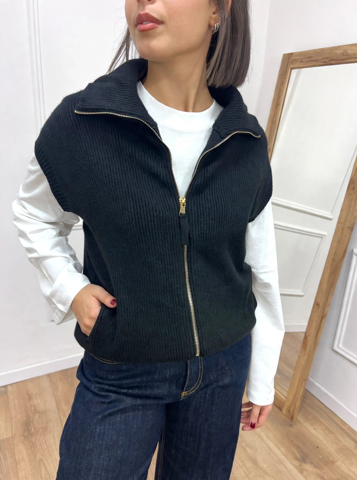 GILET IN MAGLIA A COSTE CON CERNIERA NERO SUSY MIX