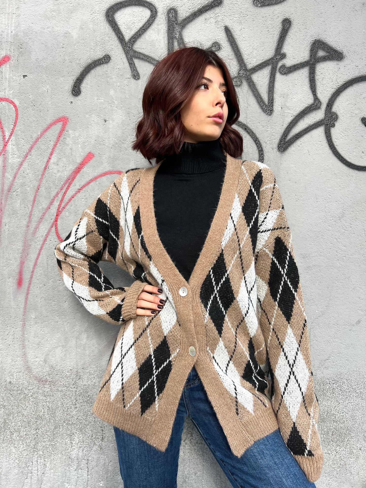 SUSY MIX CARDIGAN UN BOTTONE SCOZZESE MONICA CAMEL