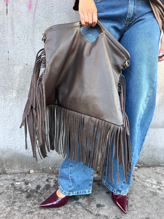 BORSA TOTE BAG MAXI FRANGE PELLE CIOCCOLATO
