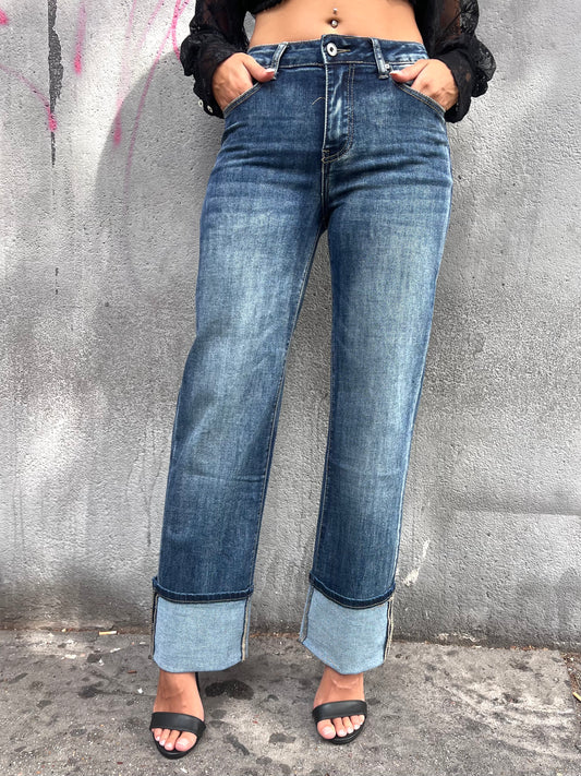 DENIM VITA ALTA FULL LENGT RISVOLTO KATIA BLU