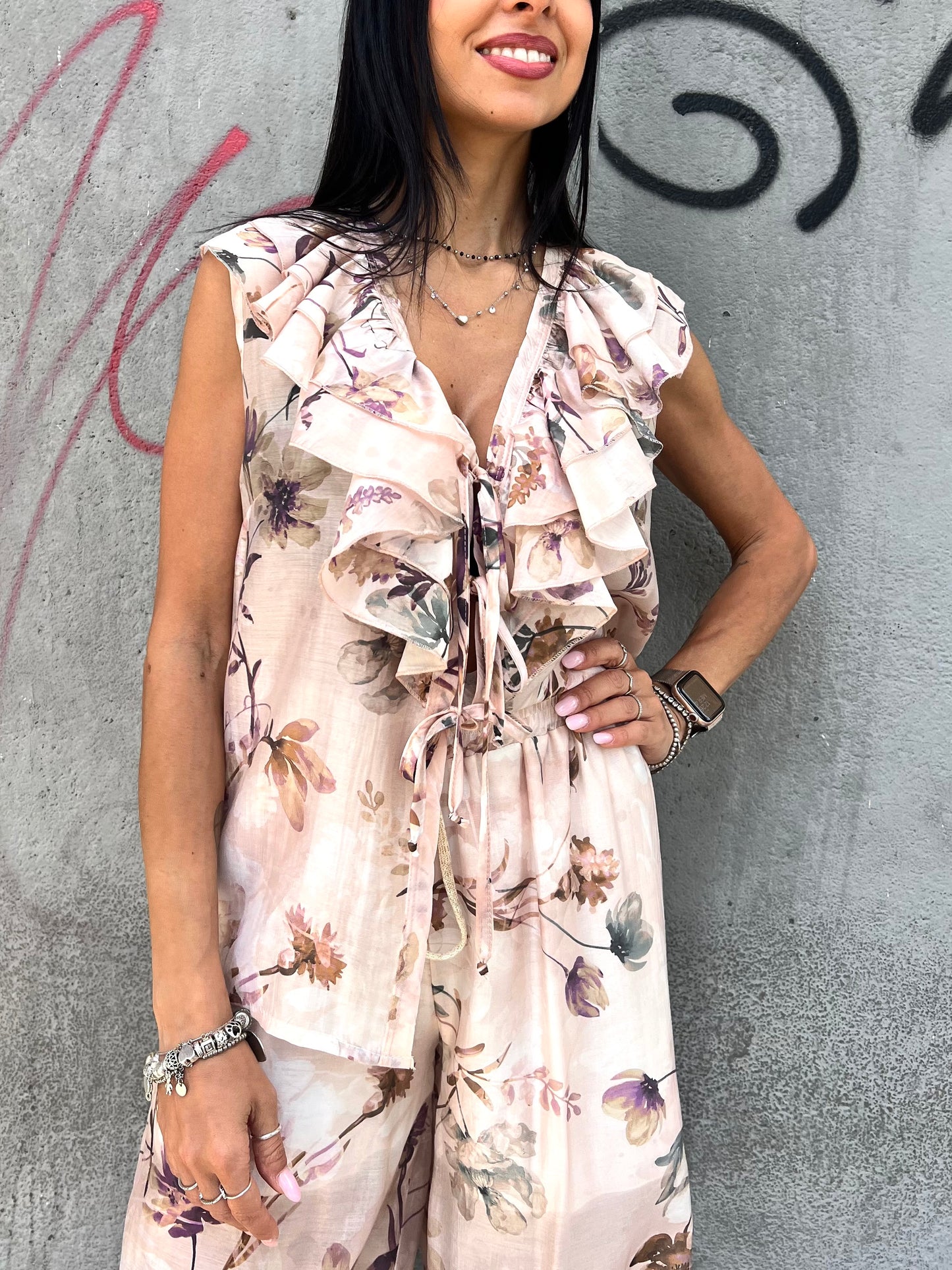 SUSY MIX TOP GILET ROUCHES FANTASIA ROMANTICA ROSA