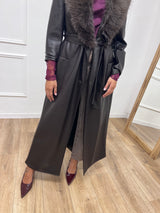 CAPPOTTO LUNGO ECOPELLE COLLO PELLICCIA MORO SUSY MIX