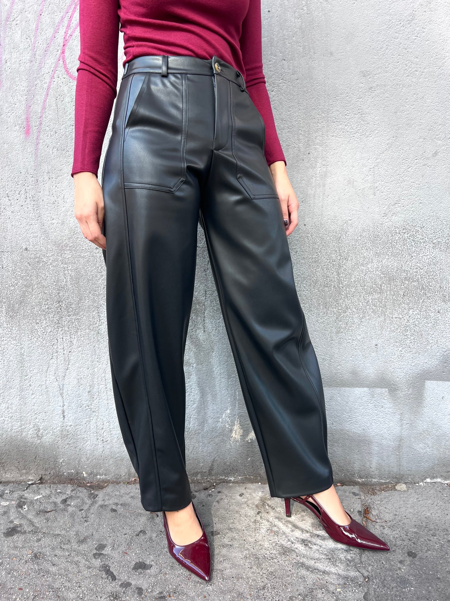 SUSY MIX PANTALONE VITA ALTA ECOPELLE BALLON SELENIA NERO