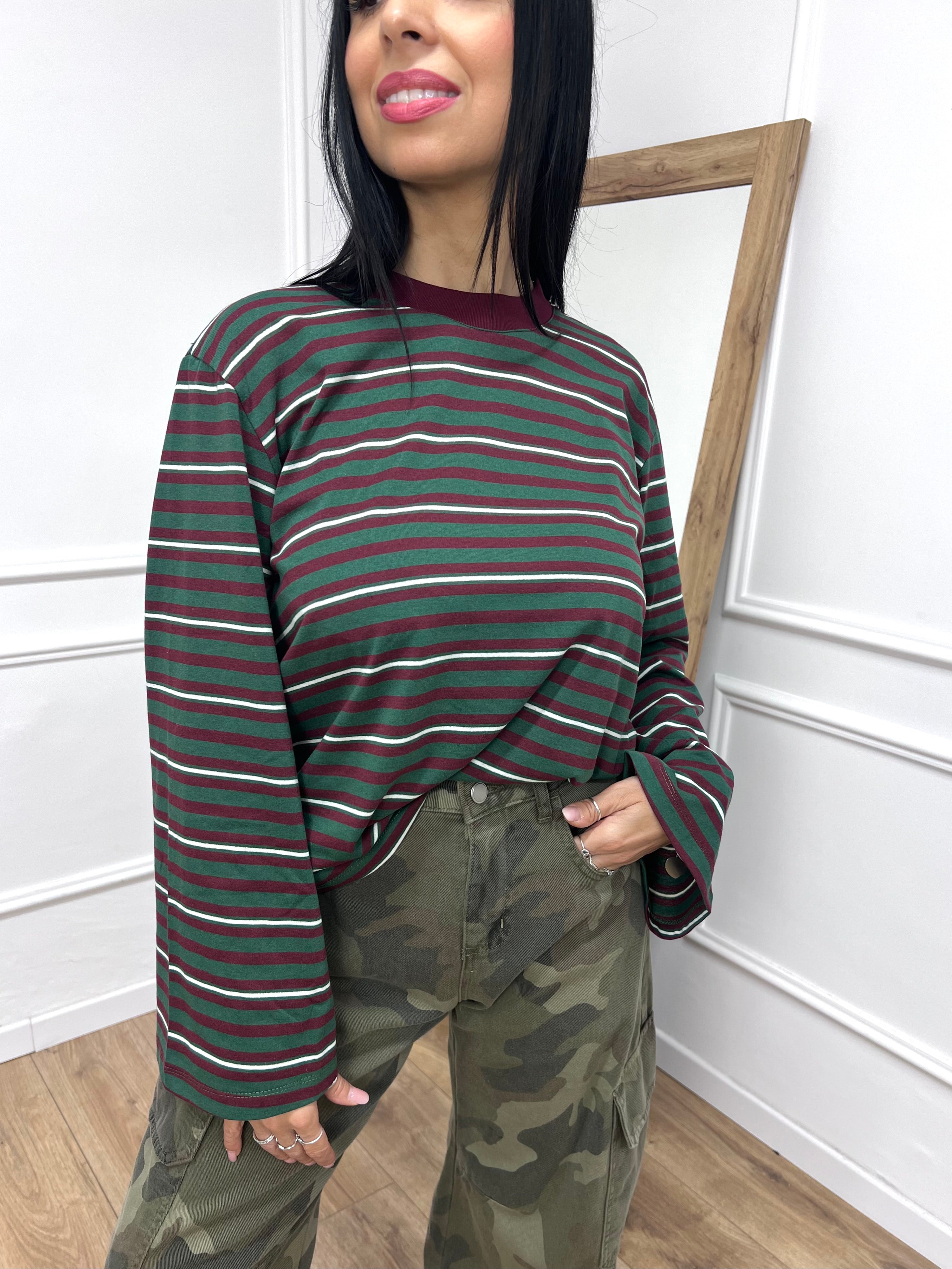 T-SHIRT GIROCOLLO RIGATA MANICA CAMPANA VERDE SUSY MIX