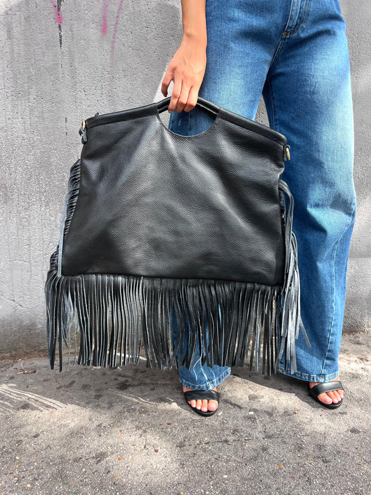 BORSA TORE BAG MAXI FRANGE PELLE NERO