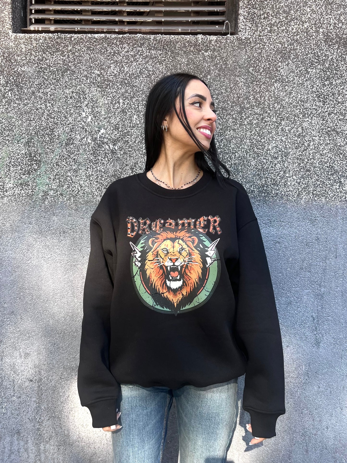 SUSY MIX FELPA GIROCOLLO STAMPA “LION” NERO