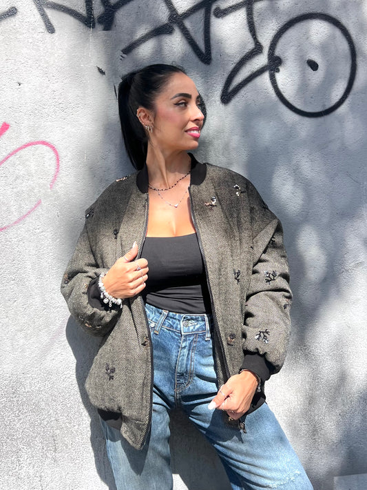 SUSY MIX BOMBER SPINATO RICAMI ANITA NERO