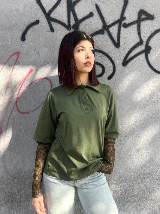 SUSY MIX MAGLIA POLO CON MANICA PIZZO BRUNA MILITARE