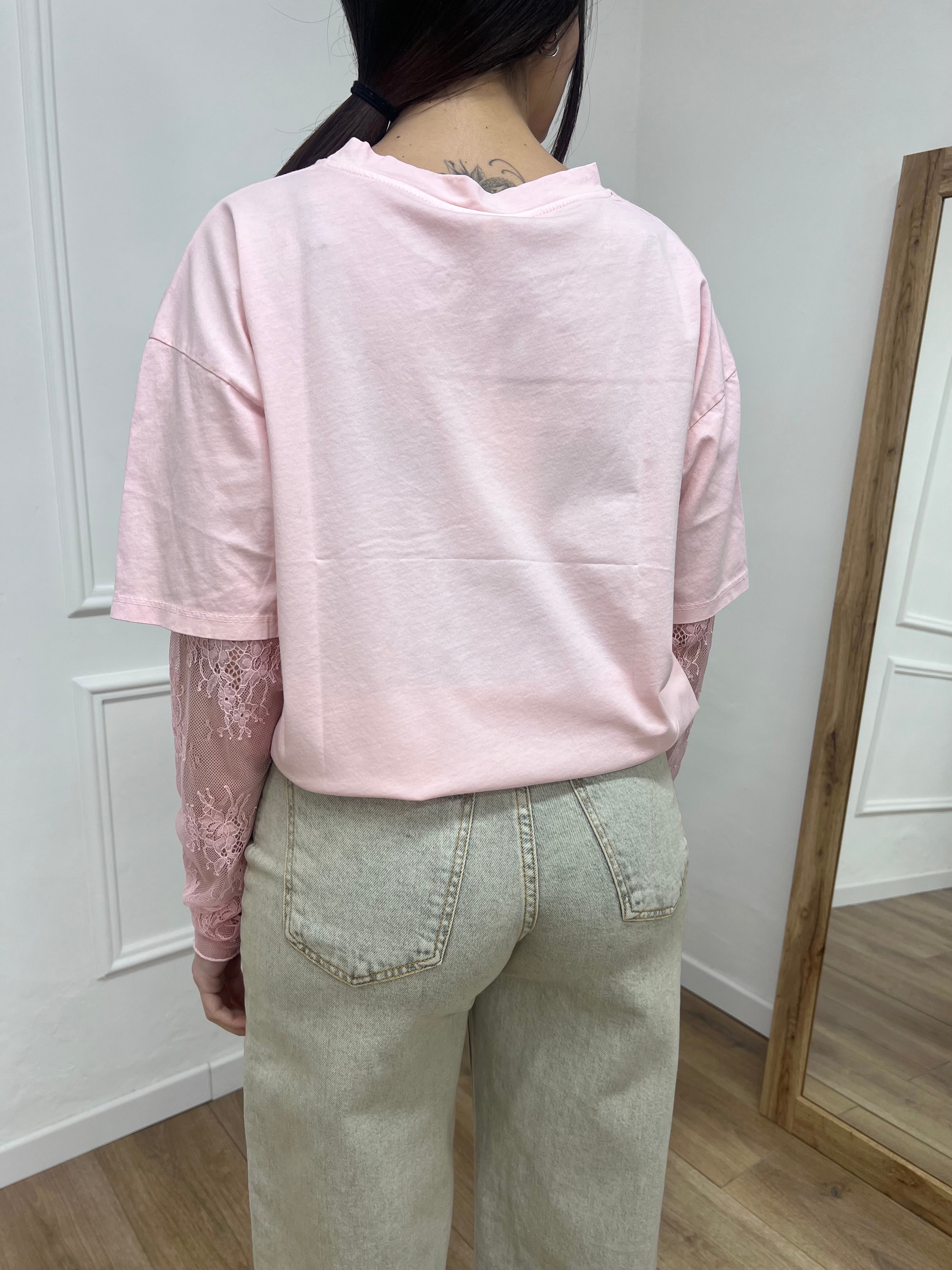 T-SHIRT MANICA PIZZO IOLANDA ROSA