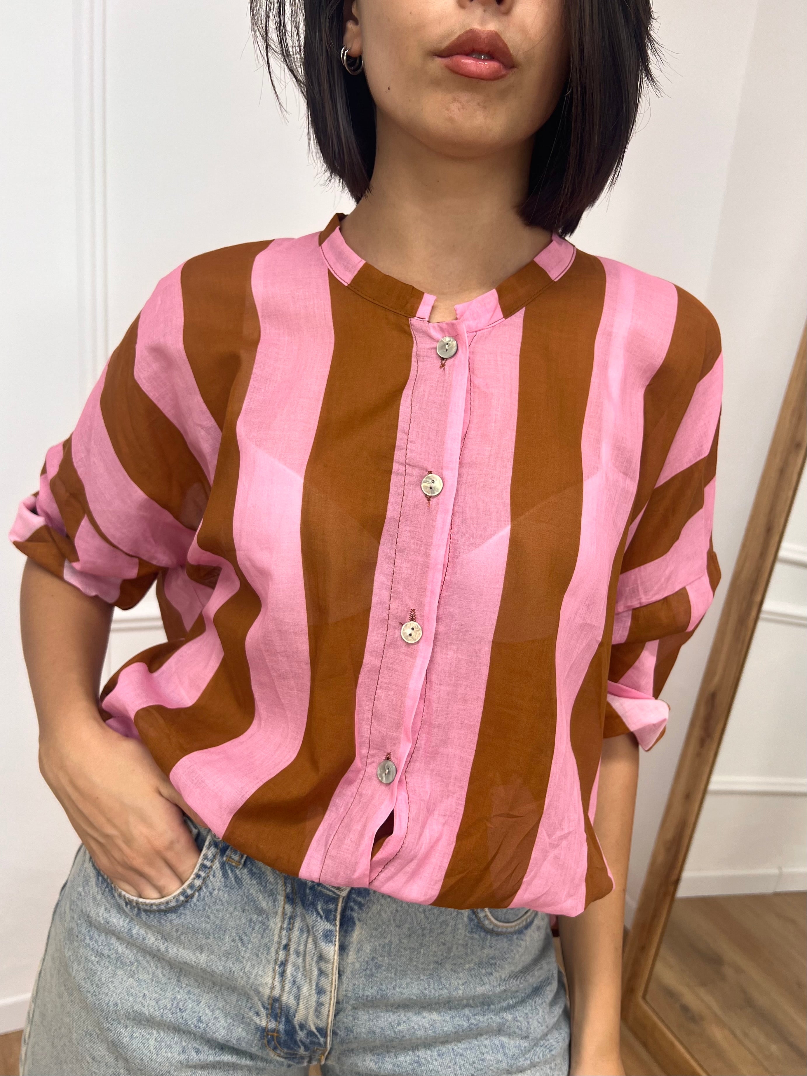 CAMICIA MUSSOLA COREANA RIGHE ROSA/TABACCO