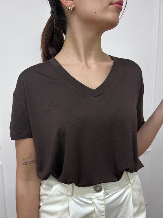 SUSY MIX T-SHIRT SCOLLO V VISCOSA BETTA CIOCCOLATO