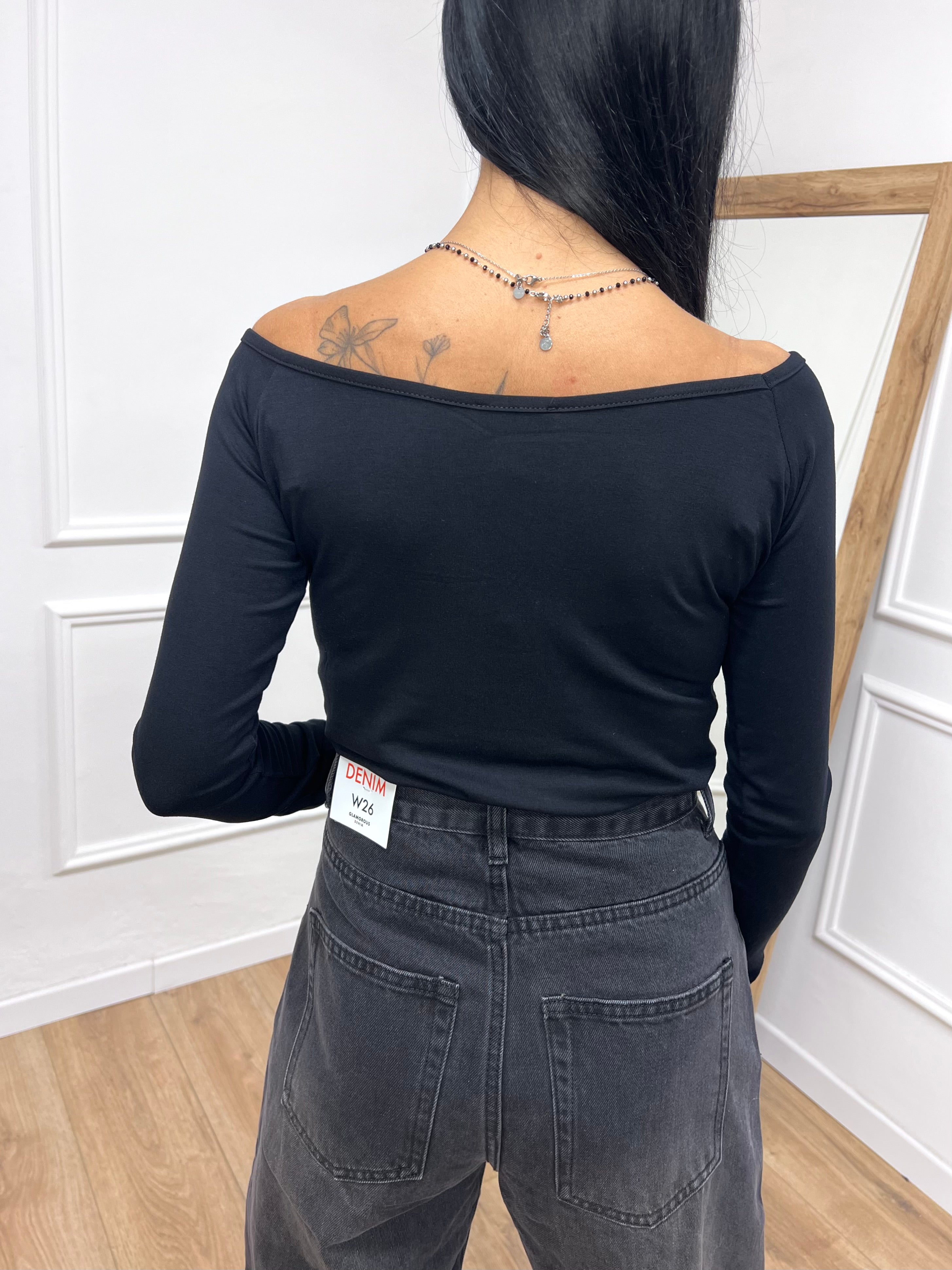MAGLIA BASIC SCOLLO SHIFFER MANICOTTO NERO SUSY MIX
