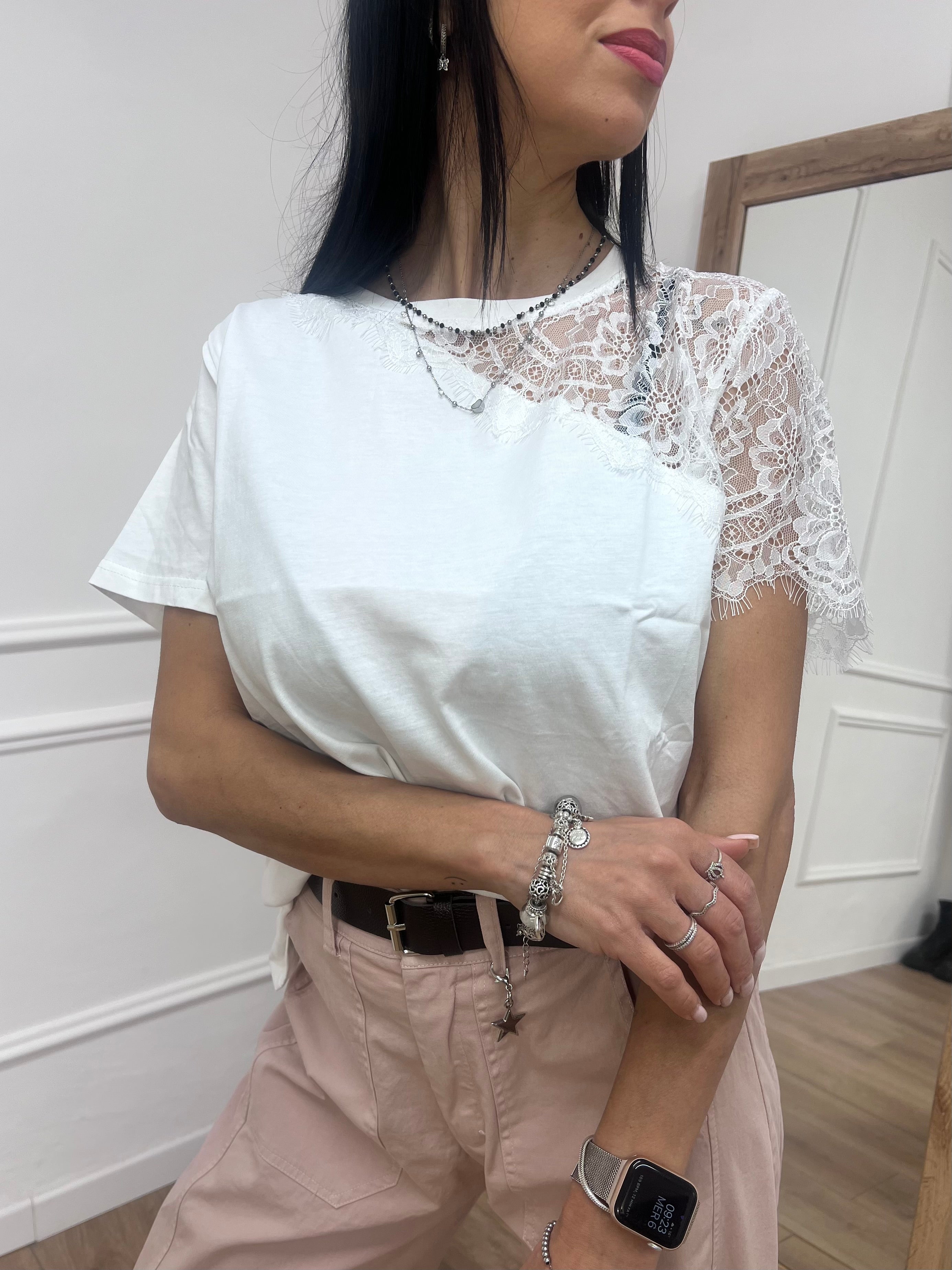 T-SHIRT M/C INSERTO PIZZO ROSITA BIANCO SUSY MIX