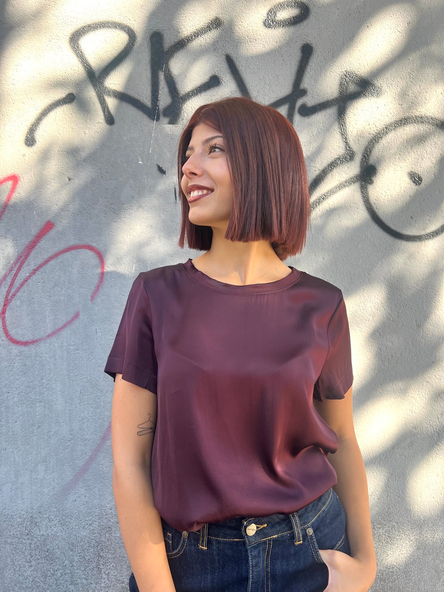 T-SHIRT SATIN MEZZA MANICA ANNA BURGUNDY