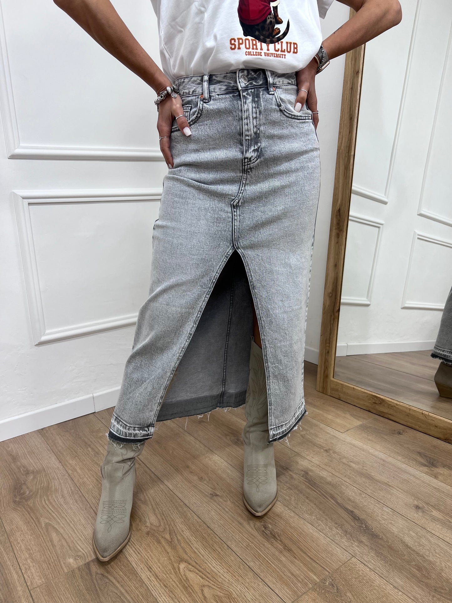 GONNA LUNGA DENIM MATITA CON SPACCO AVANTI ROBY GRIGIO