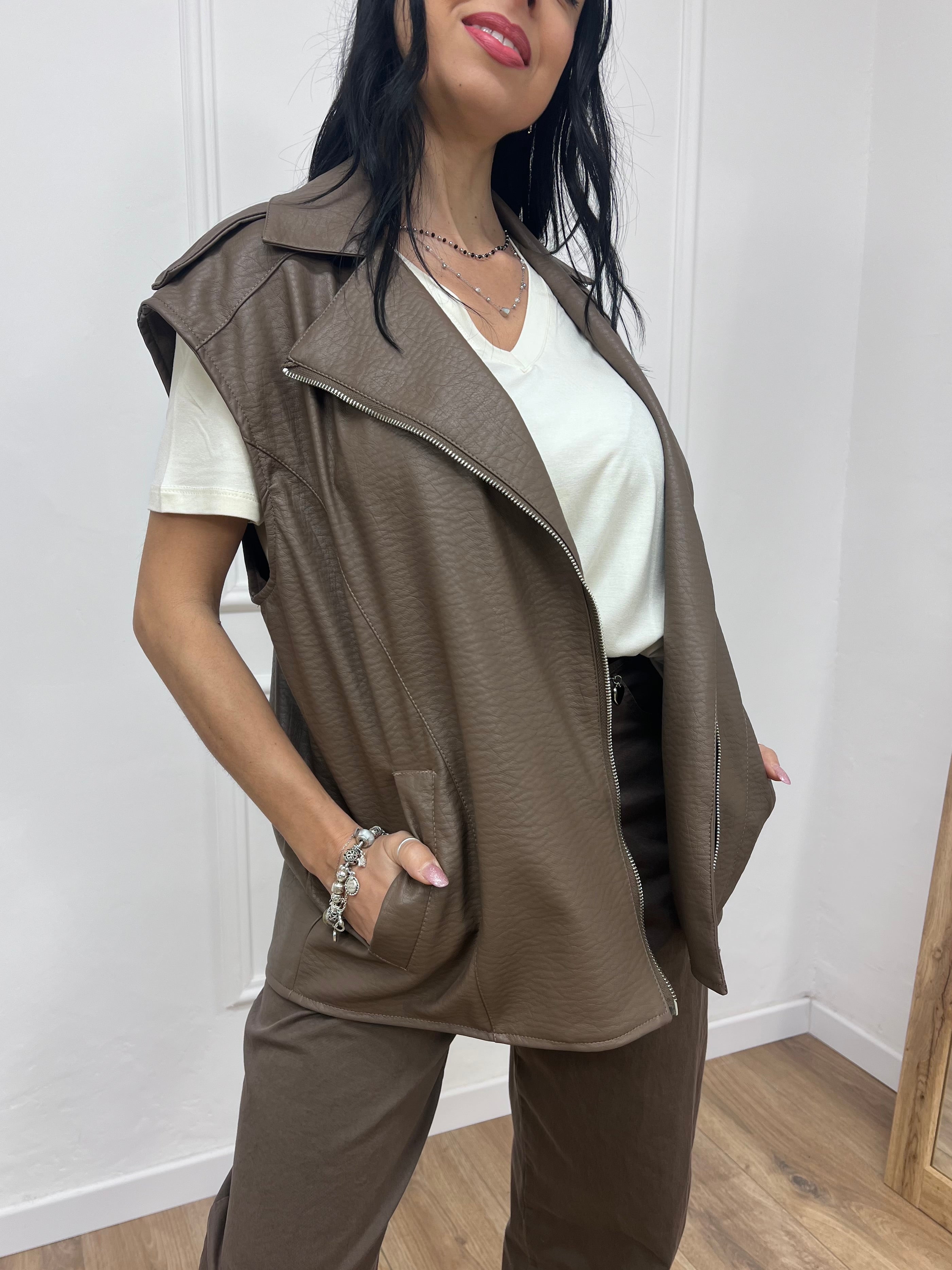 GILET ECOPELLE CERNIERA AMBRA FANGO SUSY MIX