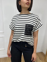 T-SHIRT M/C RIGHE TASCA MICRO PAILLETTES NERO SUSY MIX