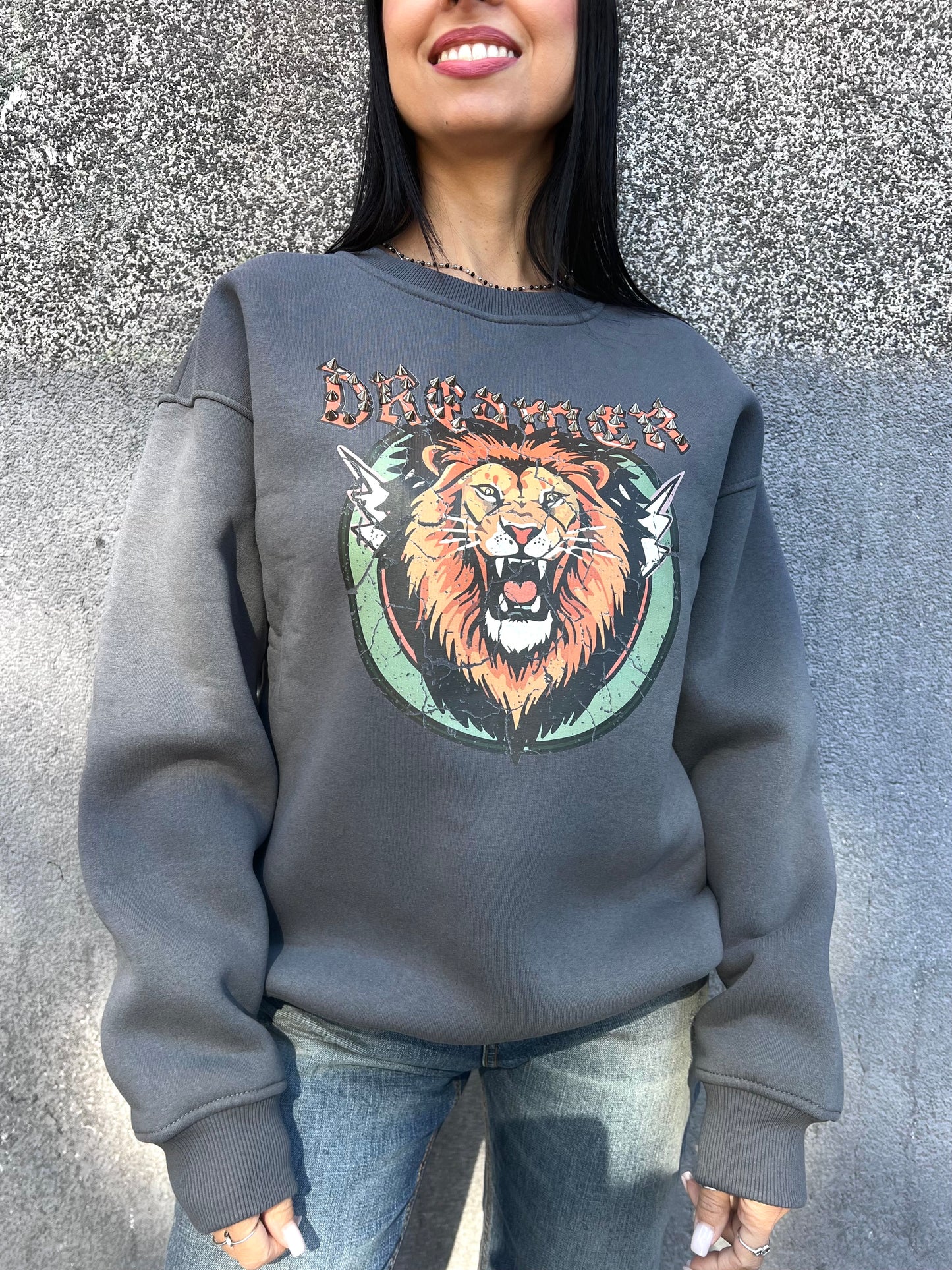 SUSY MIX FELPA GIROCOLLO STAMPA “LION” PIOMBO