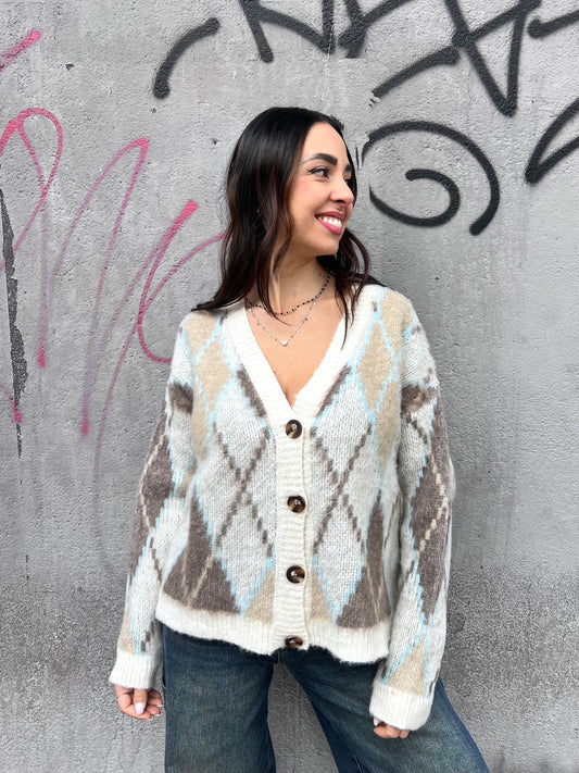 SUSY MIX CARDIGAN BOTTONI ROMBI NISAN LATTE