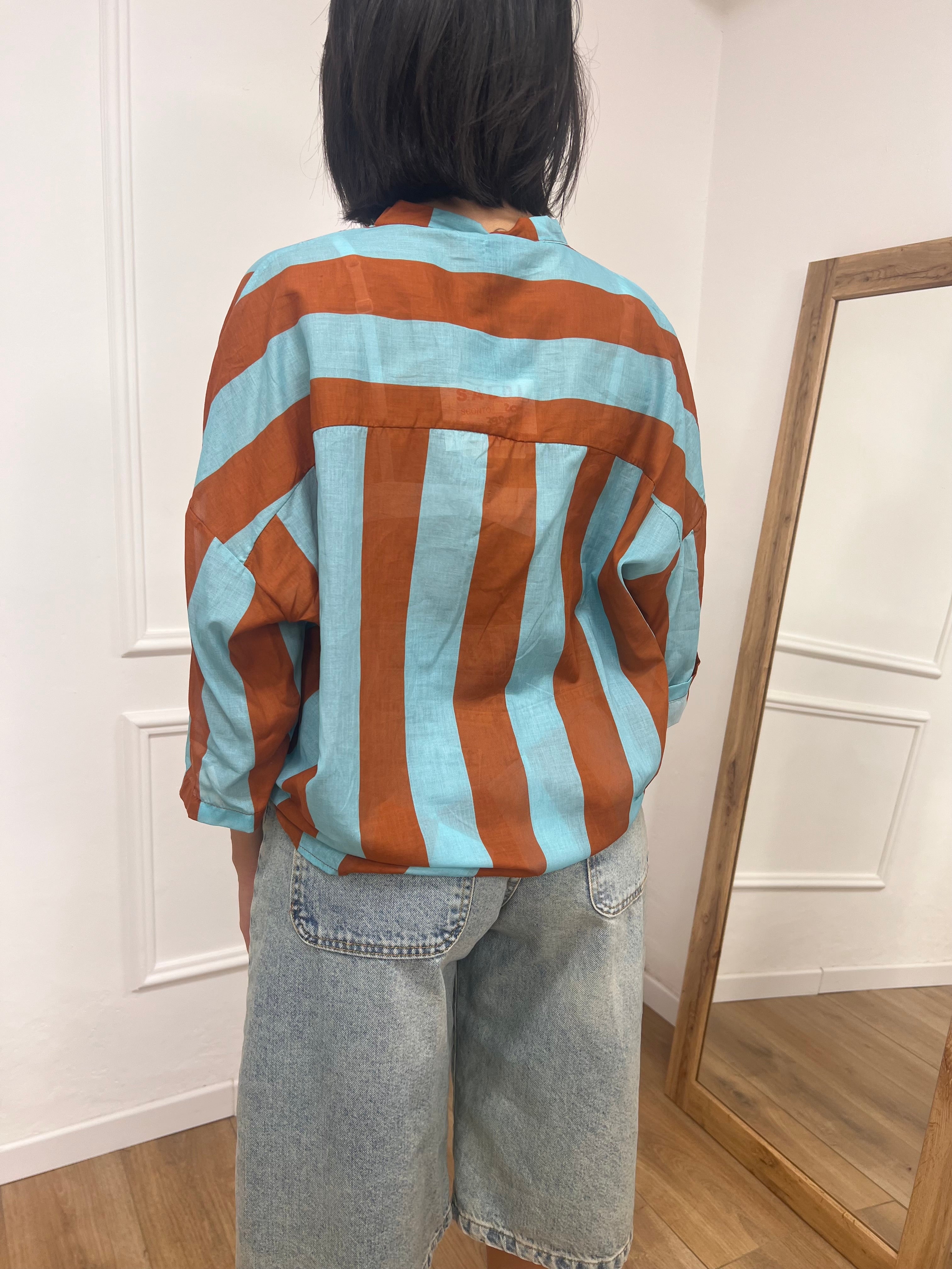 CAMICIA MUSSOLA COREANA RIGHE TABACCO/TURCHESE