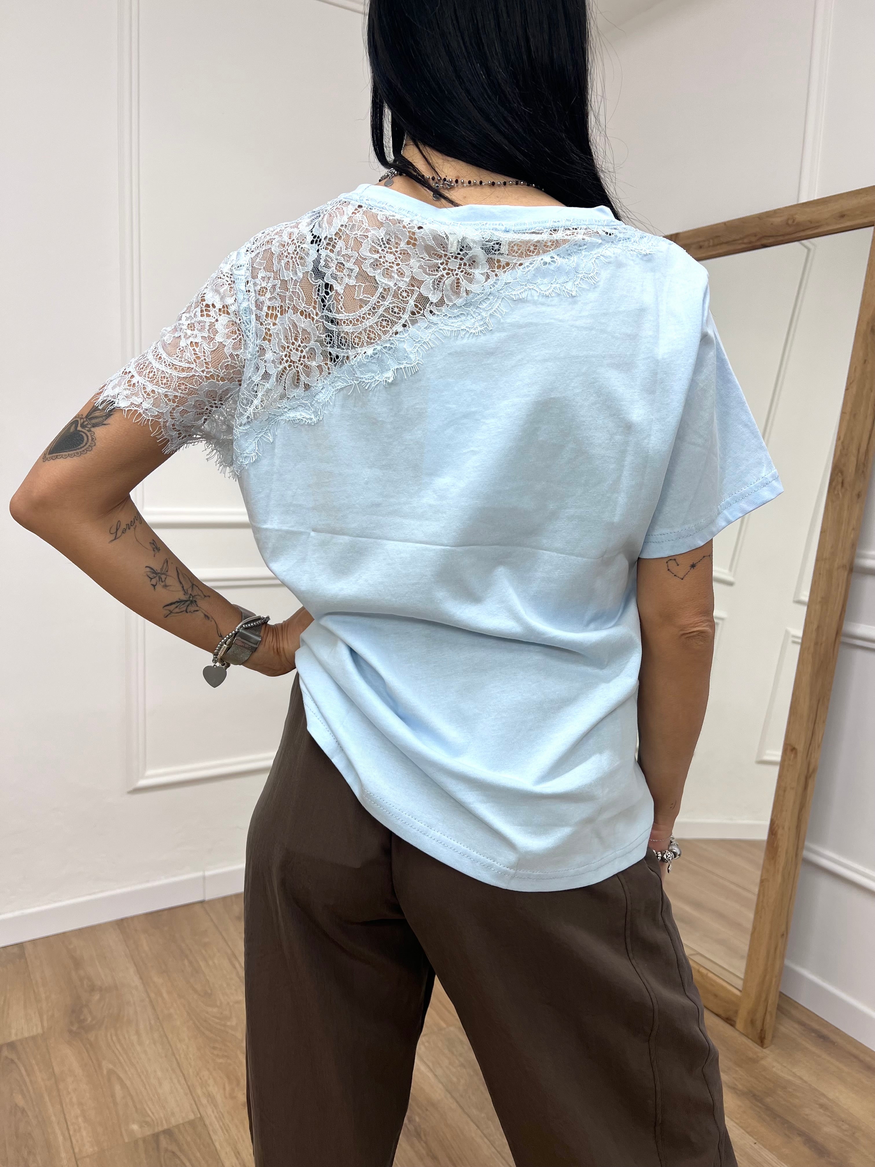 T-SHIRT M/C INSERTO PIZZO ROSITA CIELO SUSY MIX