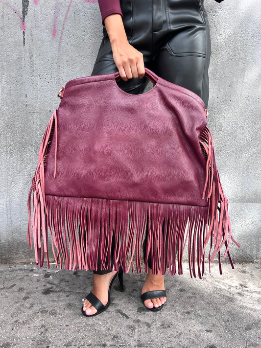 BORSA TOTE BAG MAXI FRANGE PELLE BURGUNDY