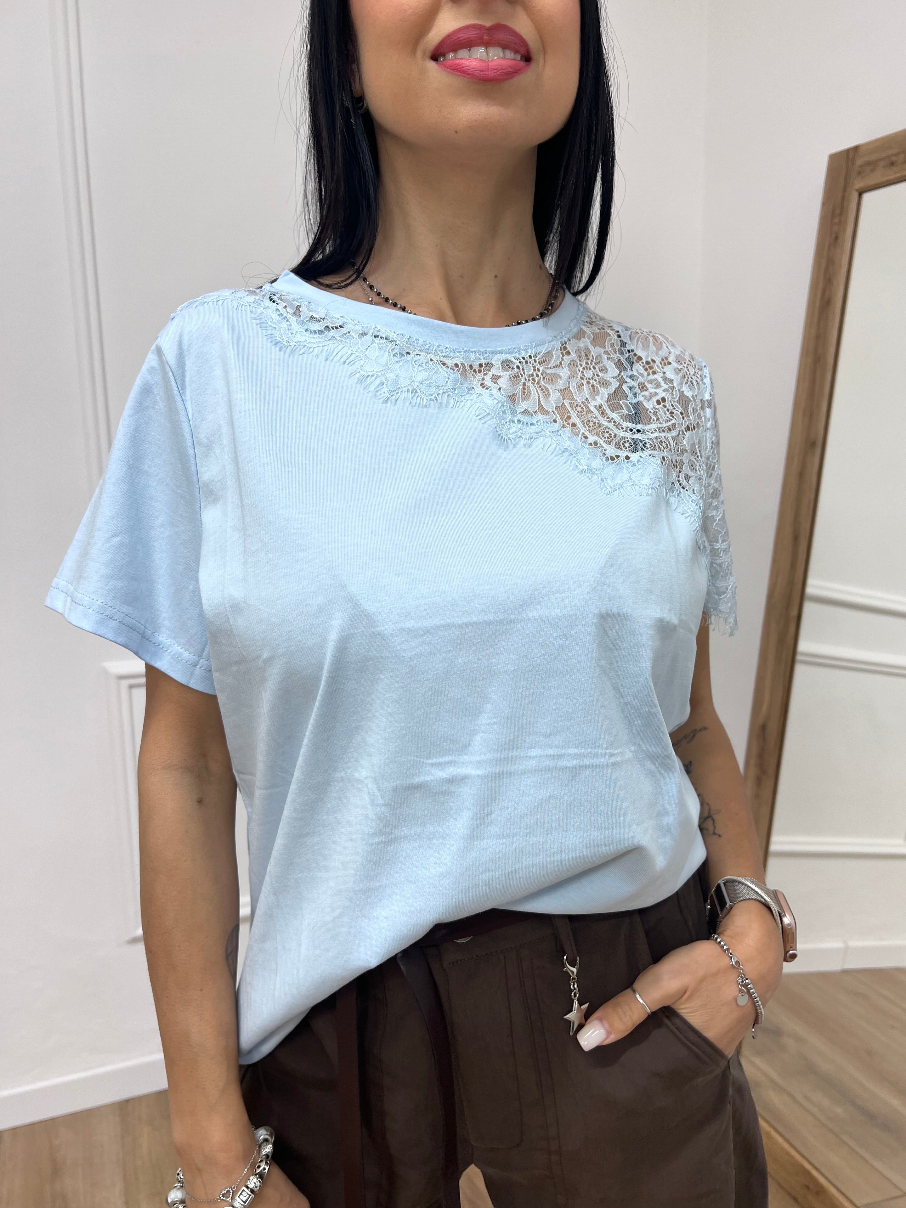 T-SHIRT M/C INSERTO PIZZO ROSITA CIELO SUSY MIX