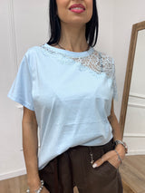 T-SHIRT M/C INSERTO PIZZO ROSITA CIELO SUSY MIX
