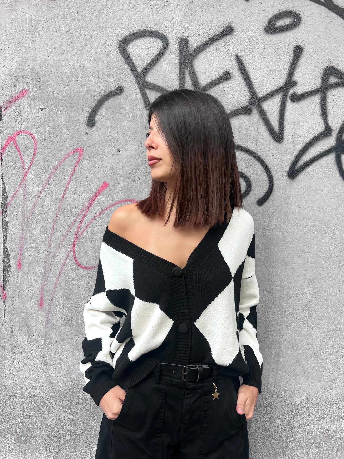 SUSY MIX CARDIGAN SCOLLO V ROMBI ANGY BIANCO