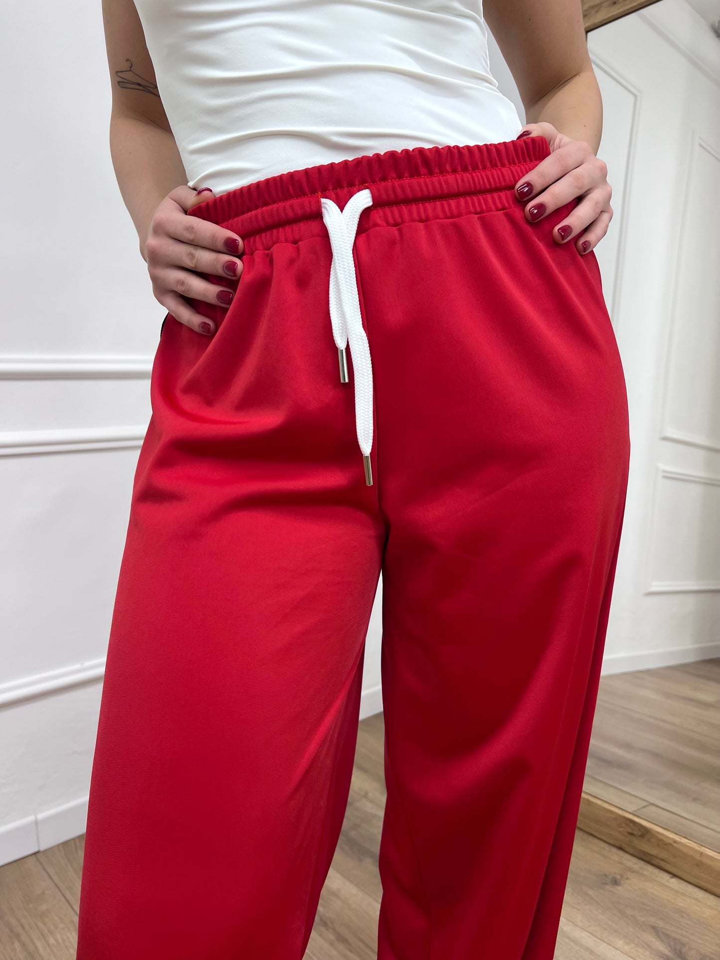 SUSY MIX PANTALONE PALAZZO ACETATO BANDE JOSY ROSSO