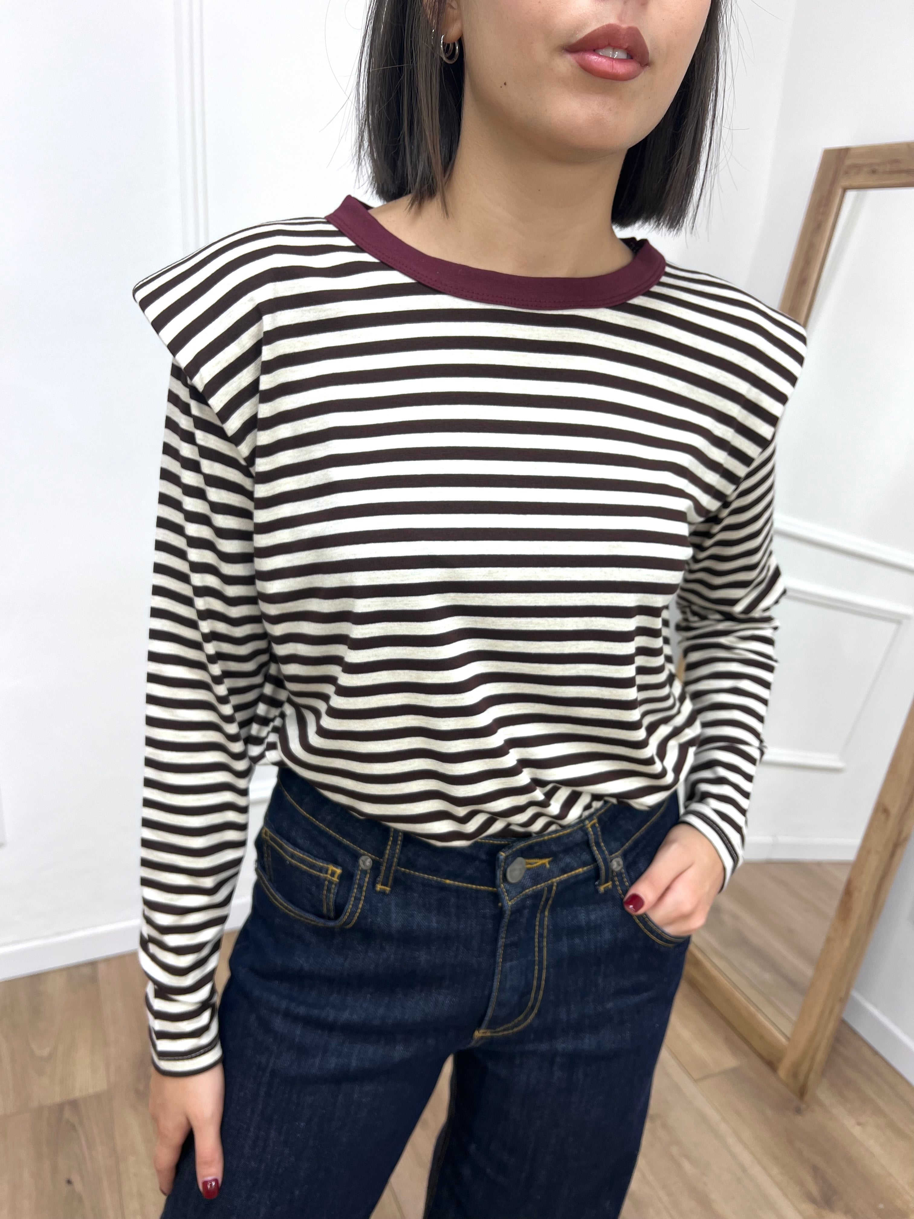 MAGLIA SPALLINE RIGATA COLLO CONTRASTO MORO SUSY MIX