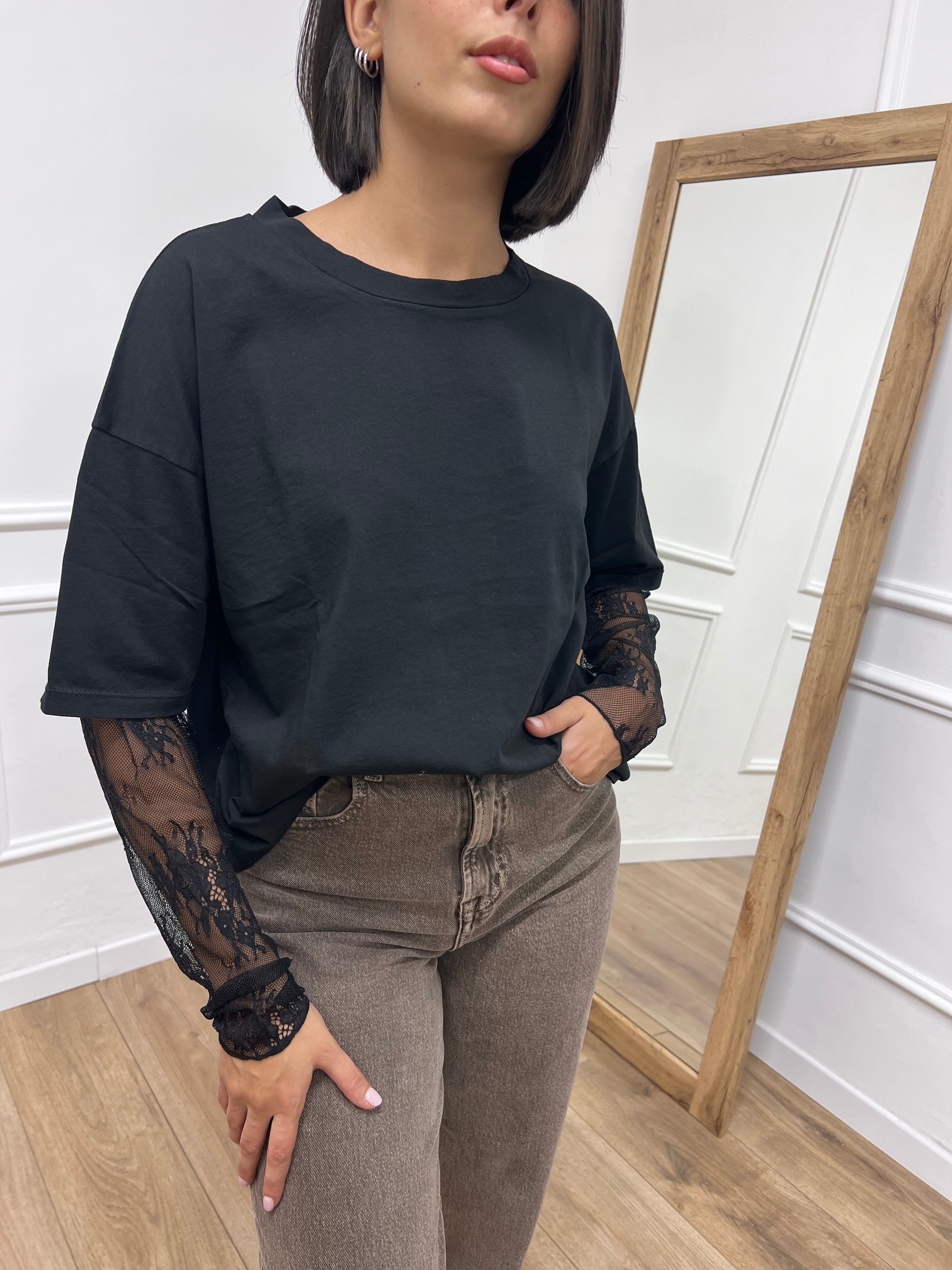 T-SHIRT MANICA PIZZO IOLANDA NERO SUSY MIX