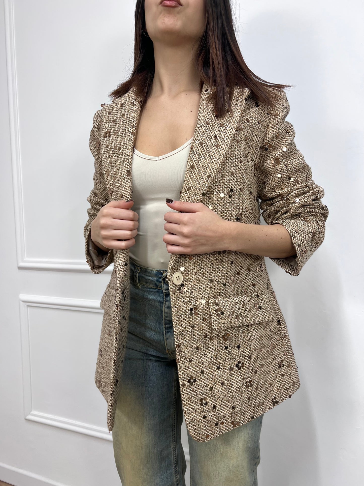 SUSY MIX GIACCA MONOPETTO PAILLETTES BEIGE