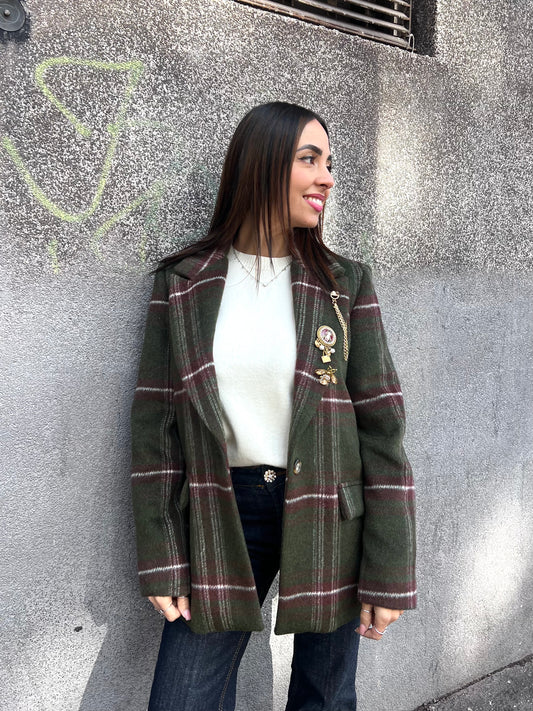 SUSY MIX GIACCA MONOPETTO CHECK SPILLE VERDE