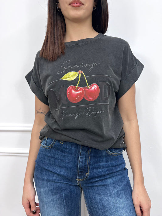 SUSY MIX T-SHIRT WASHED STAMPA CHERRY GRAFITE