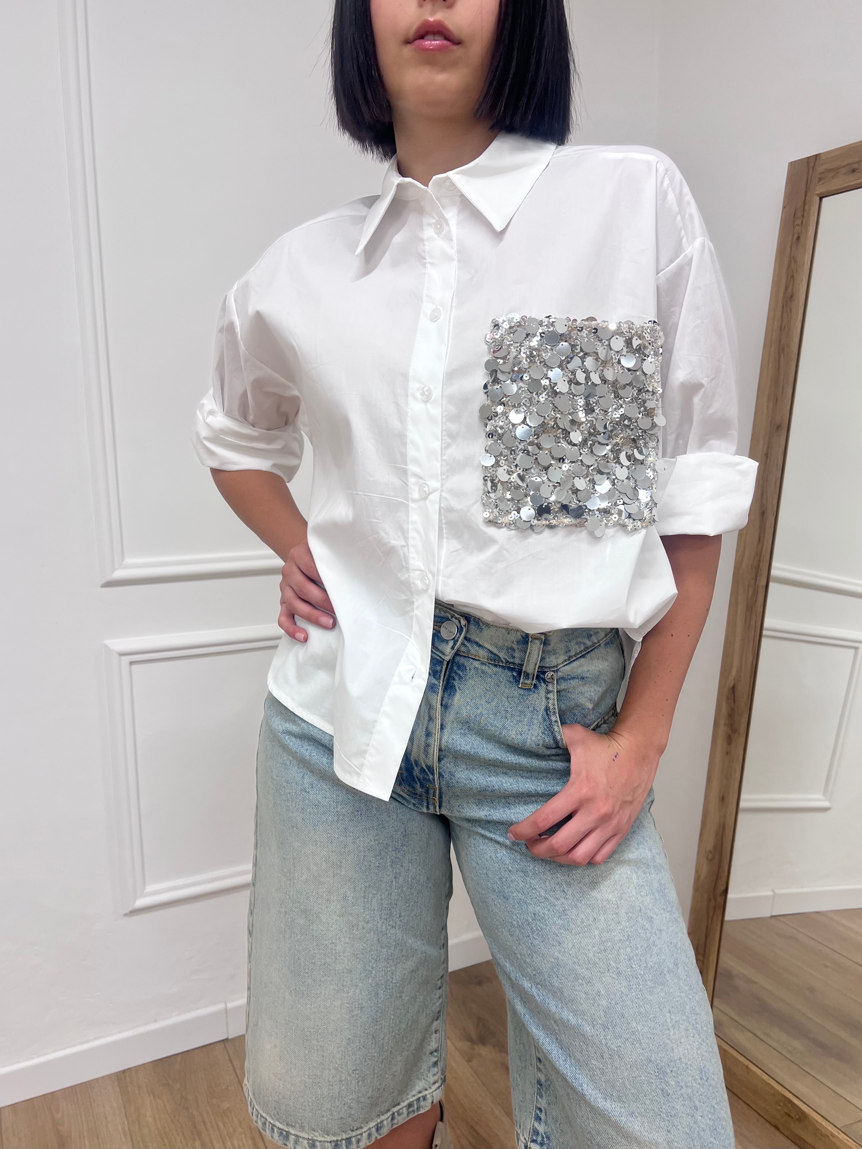 CAMICIA OVER TASCA A TOPPA PAILLETTES LUCE BIANCO MOTEL