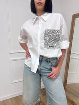 CAMICIA OVER TASCA A TOPPA PAILLETTES LUCE BIANCO MOTEL
