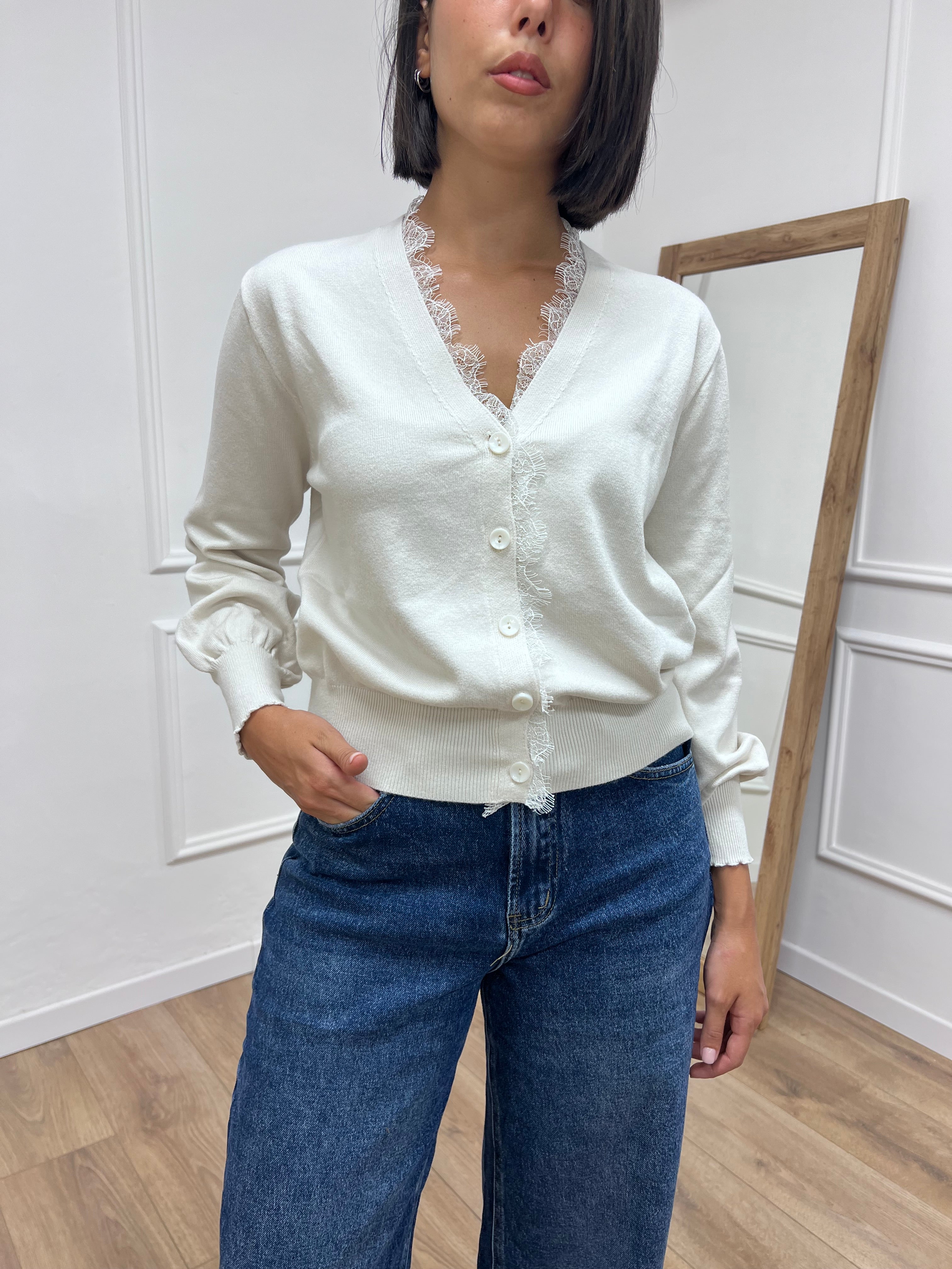 CARDIGAN SCOLLO V PROFILO PIZZO IDA BURRO SUSY MIX