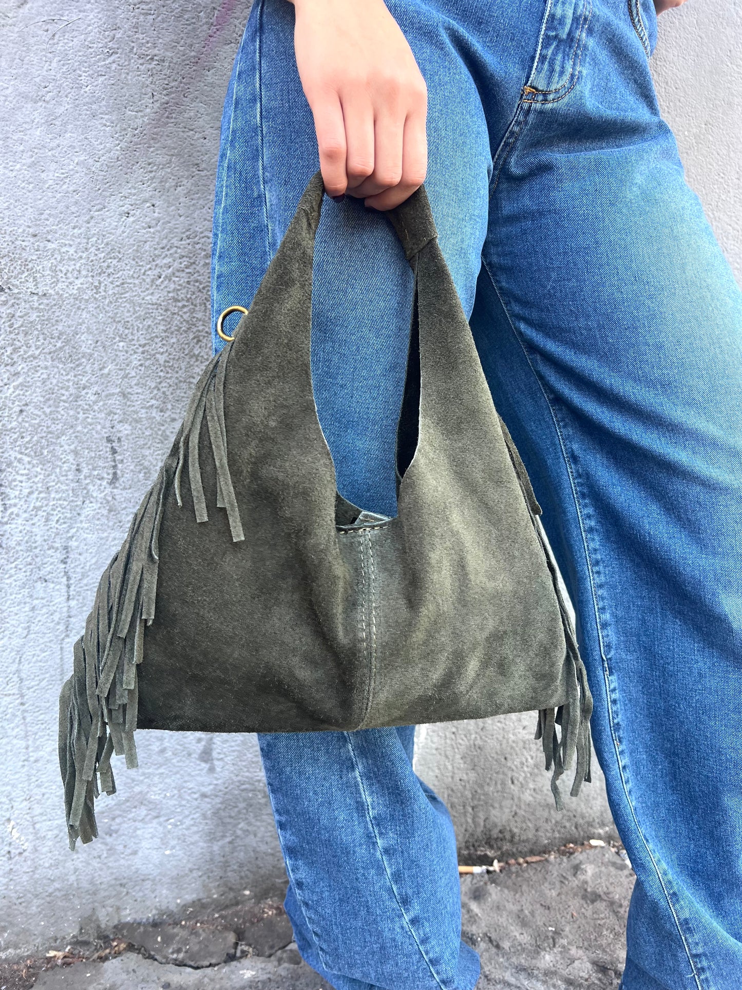 BORSA MINI SAC PELLE SUEDE CON FRANGE DEVA MILITARE