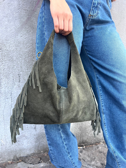 BORSA MINI SAC PELLE SUEDE CON FRANGE DEVA MILITARE