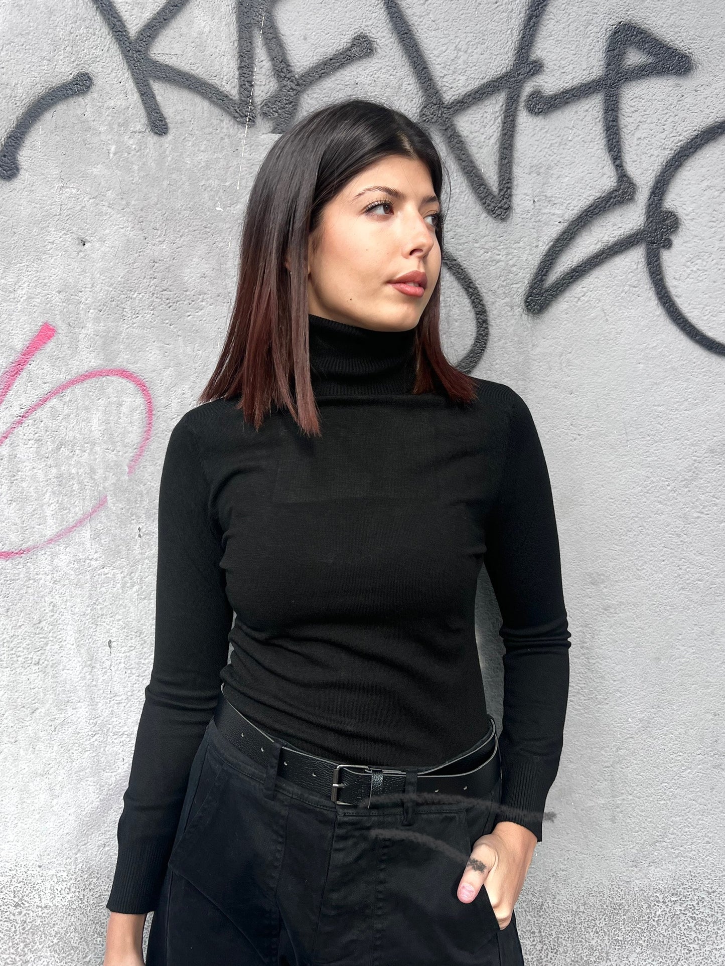 SUSY MIX MAGLIA BASIC COLLO ALTO CRIS NERO