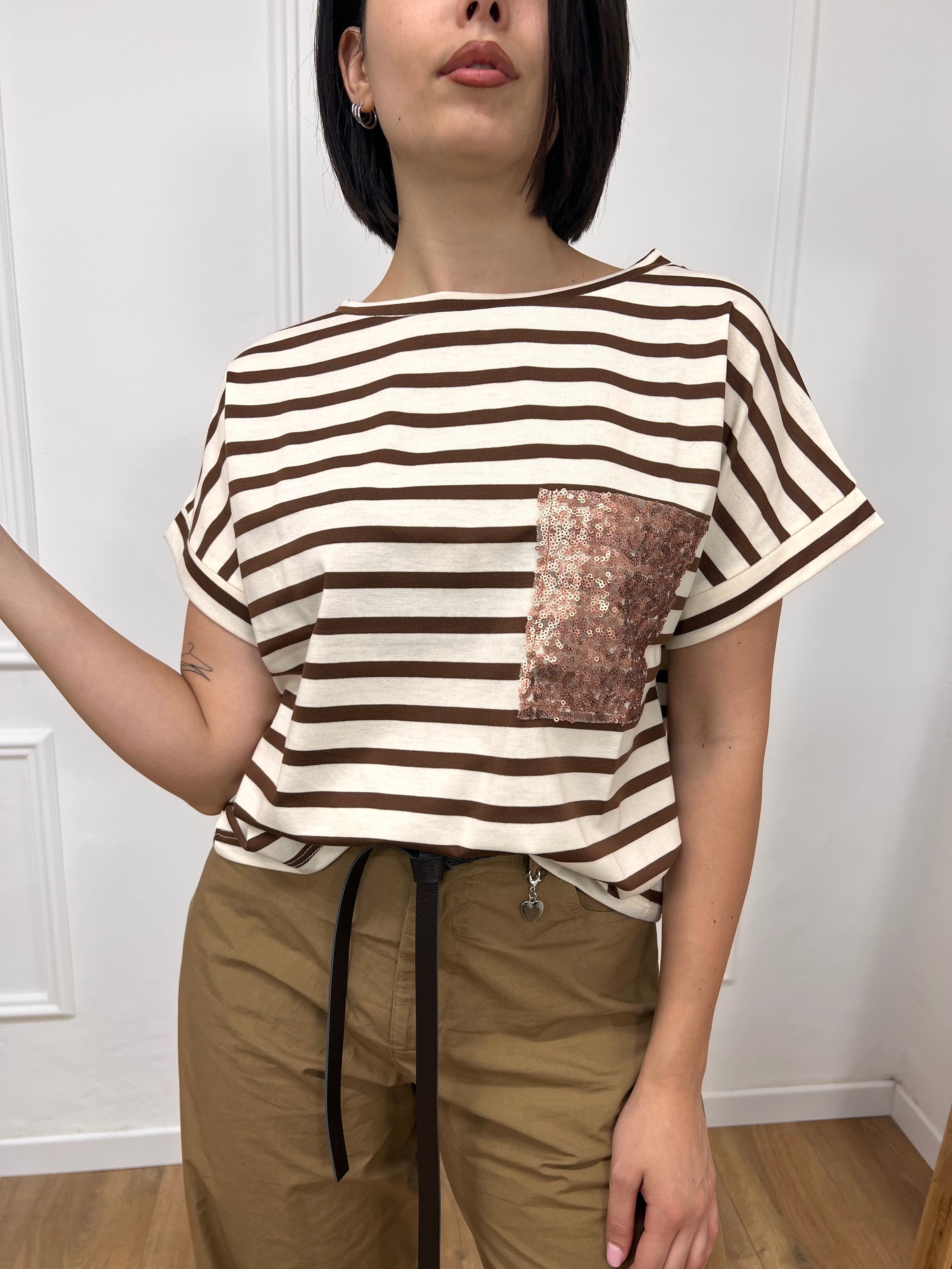 T-SHIRT M/C RIGHE TASCA MICRO PAILLETTES MORO SUSY MIX