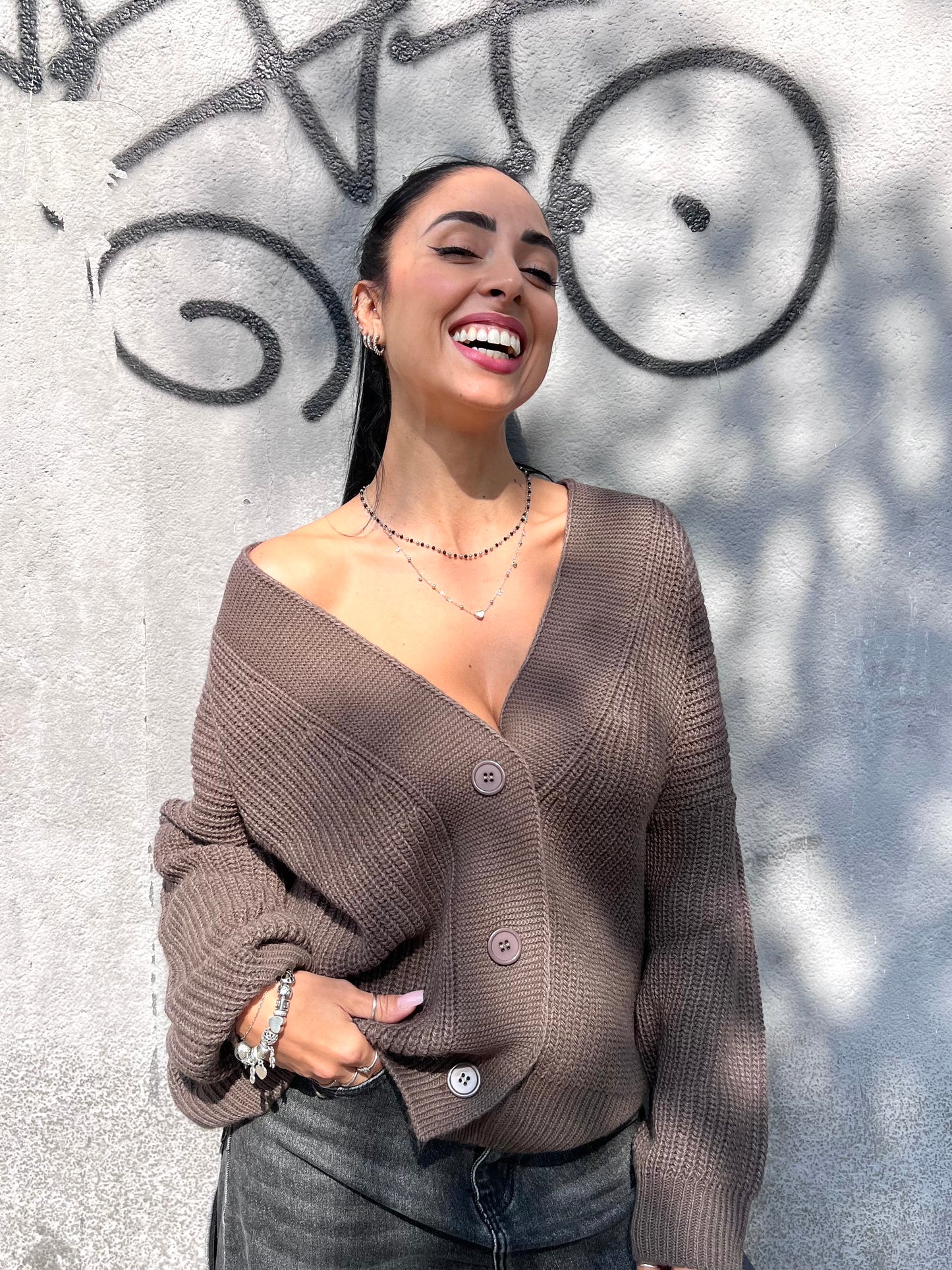 SUSY MIX CARDIGAN SCOLLO V BOTTONI YARI TORTORA