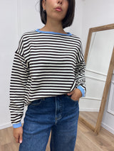 MAGLIA RIGATA SCATOLETTA COLLO CONTRASTO MORO/CIELO SUSY MIX
