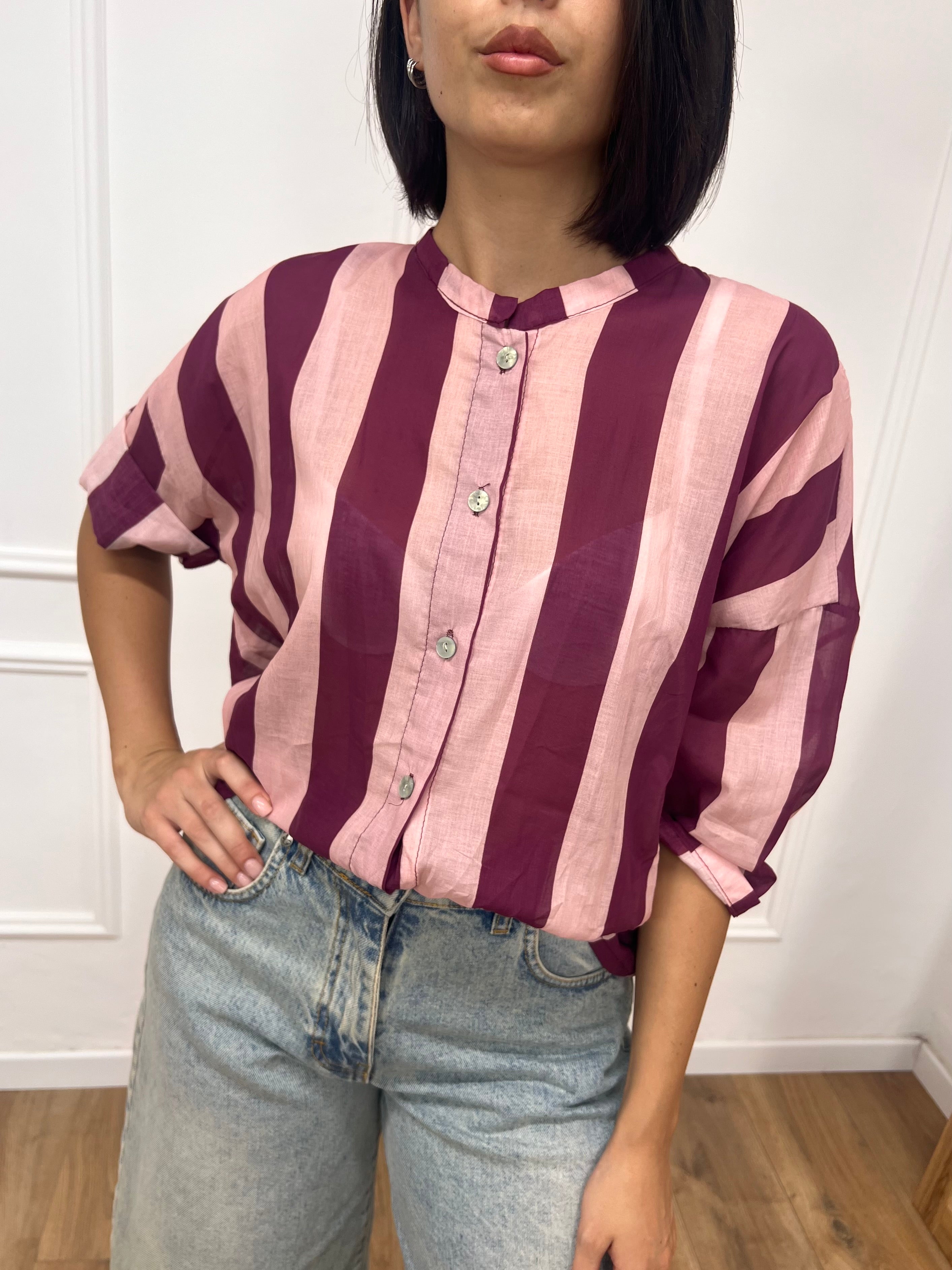 CAMICIA MUSSOLA COREANA RIGHE ROSA FICO