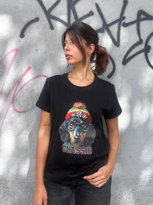 SUSY MIX T-SHIRT M/M STAMPA BASSOTTO STRASS NERO