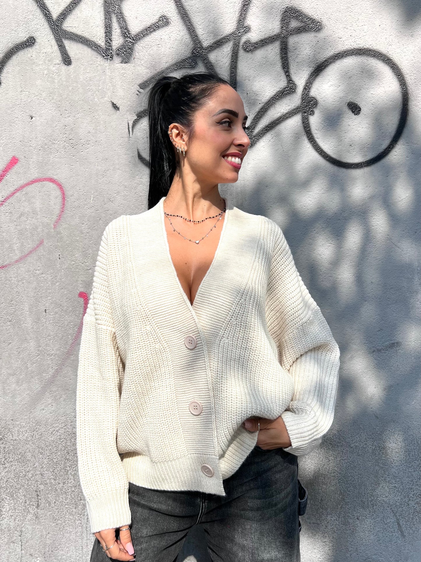 SUSY MIX CARDIGAN SCOLLO V BOTTONI YARI BURRO