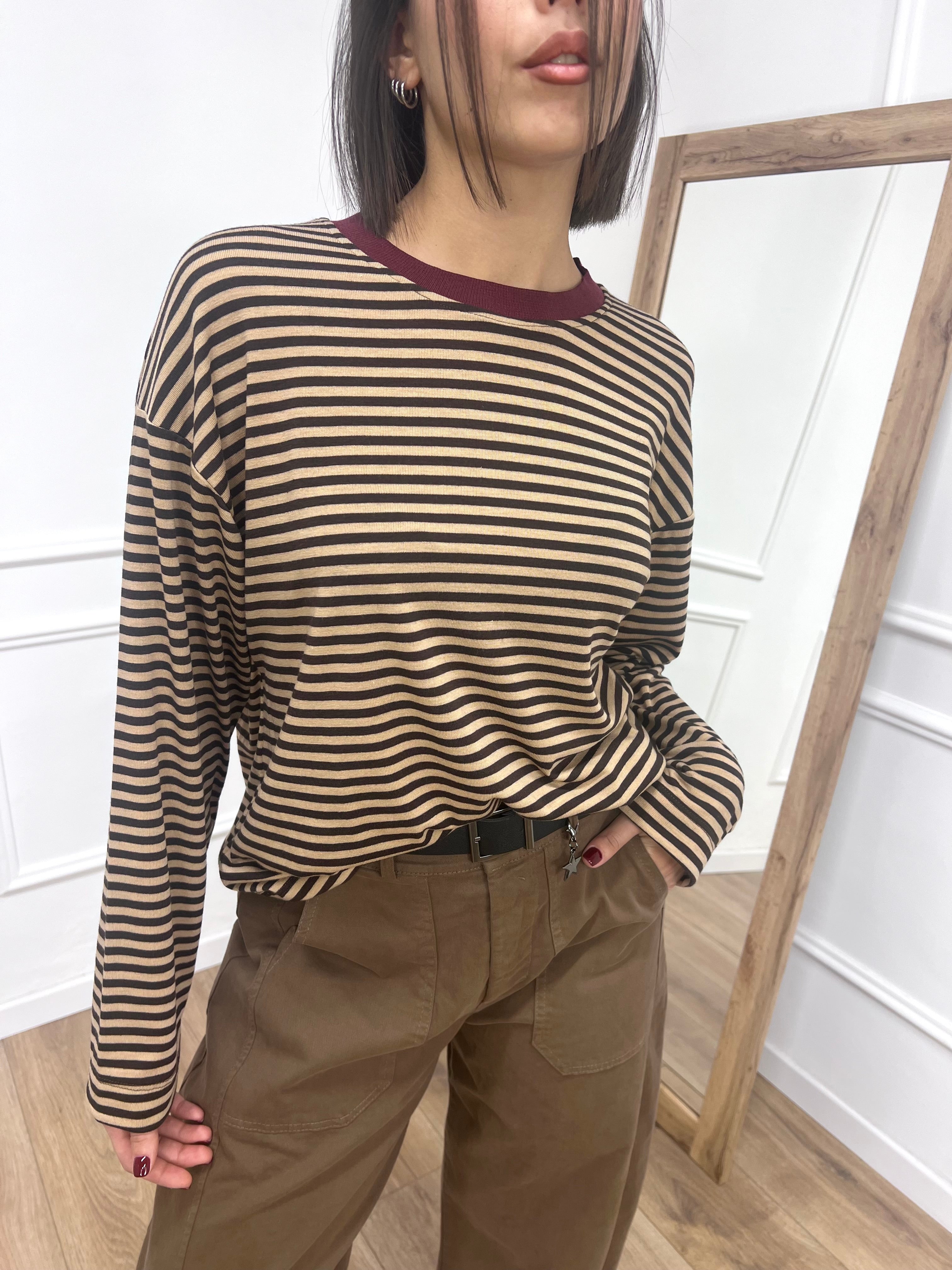 MAGLIA SCATOLA RIGHE COLLO CONTRASTO MORO SUSY MIX