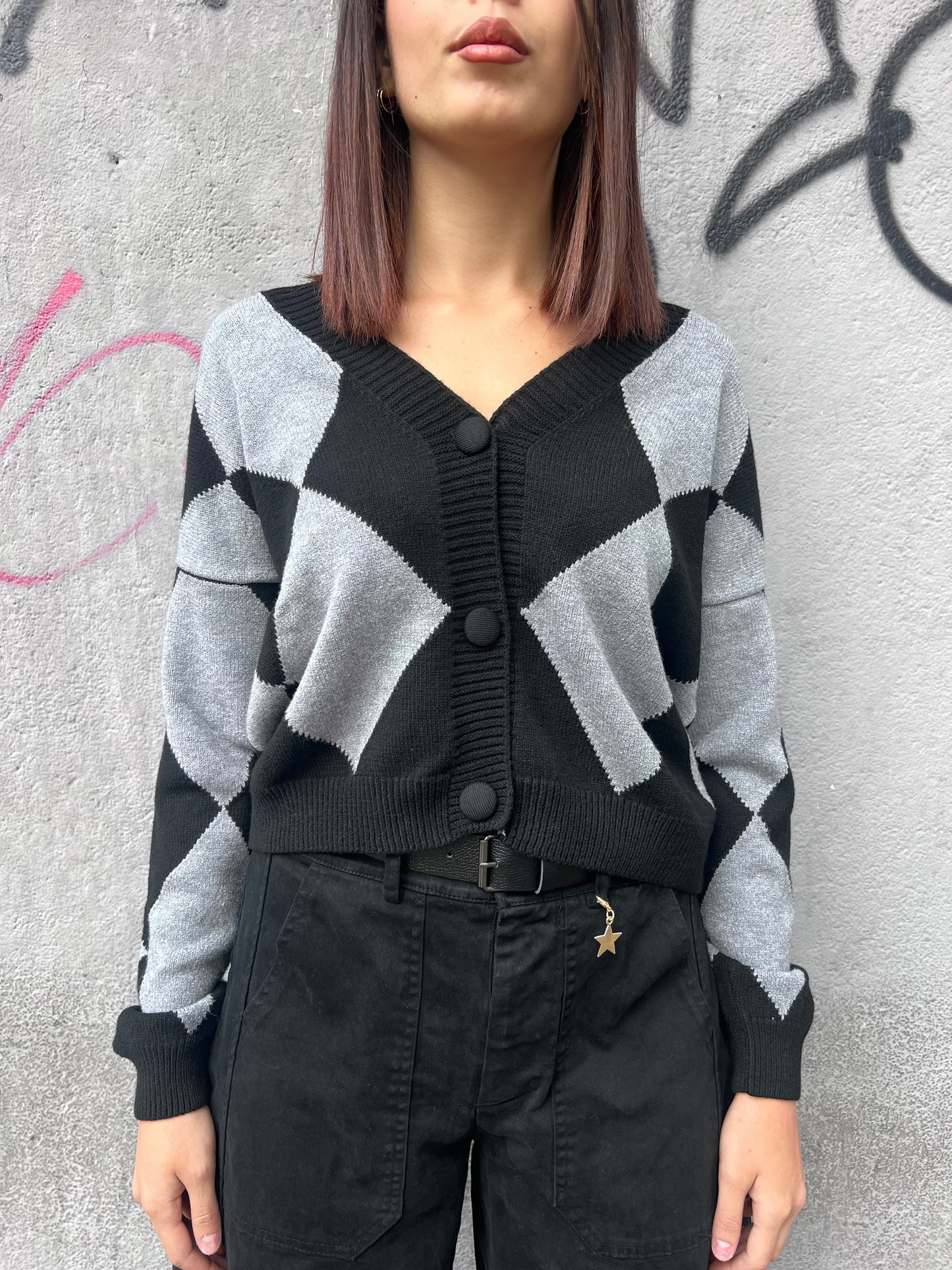 SUSY MIX CARDIGAN SCOLLO V ROMBI ANGY GRIGIO